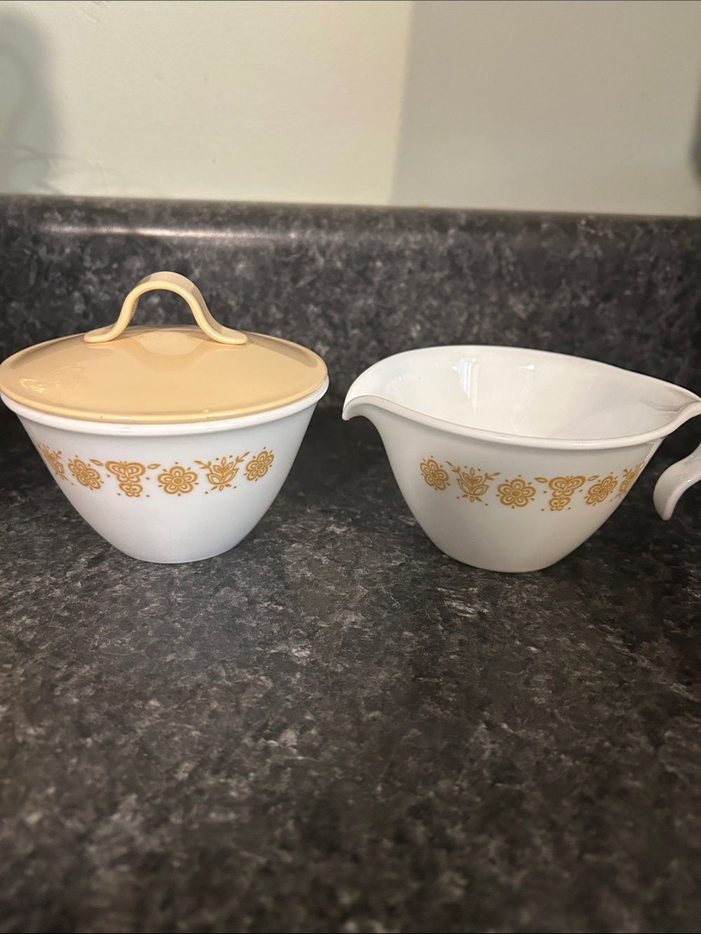 Pyrex White Sugar Bowl and Creamer Set with Yellow Floral Motif